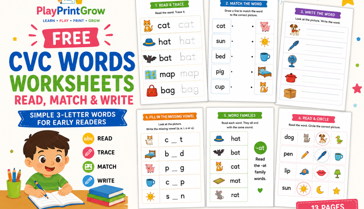 Free CVC Words Worksheets – Read, Match & Write