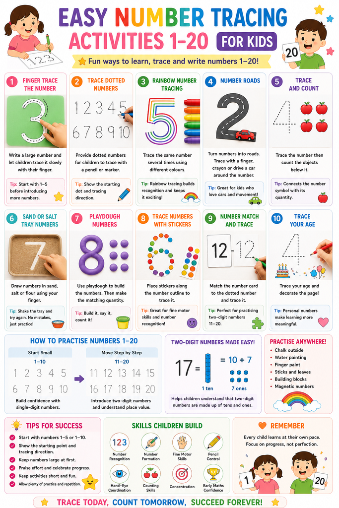 Easy Number Tracing Activities 1–20 for Kids